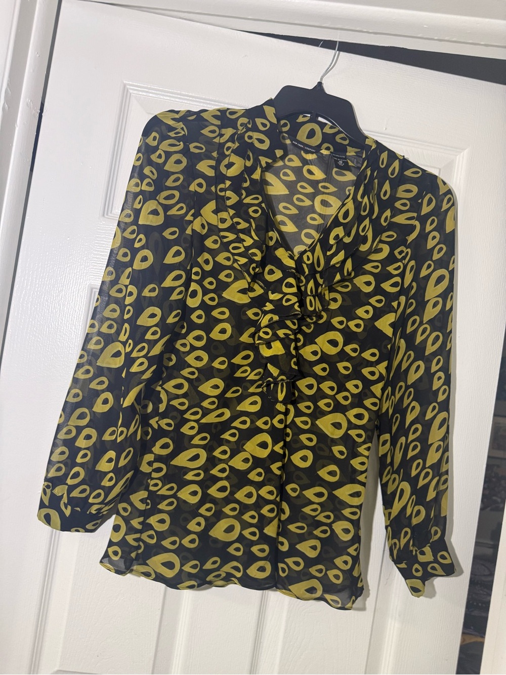 Women's Black and Mustard Printed Ruffle Tie-Neck Blouse